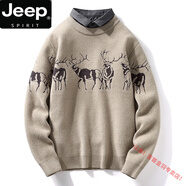 JEEP SPIRIT假兩件毛衣男冬季套頭襯.衫帶領(lǐng)針織衫男士羊.毛衫加厚保暖上衣外 MY103小鹿卡其(襯衫領(lǐng)) M