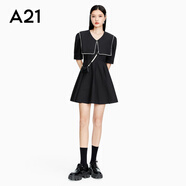 A21新品夏季女裝優(yōu)雅A字短連衣裙女設(shè)計(jì)感V領(lǐng)泡泡袖初戀裙短袖 黑色 S