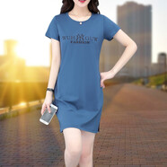 帝黛（DIDAI）連衣裙新品裙子短袖t恤夏裝女裝大寬松碼運(yùn)動(dòng)女士小個(gè)子沙灘半身 灰蘭 2XL建議（130-145）斤