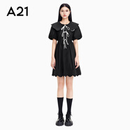 A21夏季新款女裝設(shè)計(jì)感顯瘦復(fù)古裙甜美娃娃領(lǐng)泡泡袖百搭風(fēng)連衣裙 黑色 S