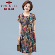 俞兆林（YUZHAOLIN）中老年女裝連衣裙短袖夏中長(zhǎng)裙新款大碼胖mm印花棉綢媽媽裝裙子女 006-新抽象花 5XL 150-165斤