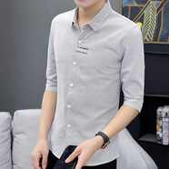 諾貿 夏季新款休閑襯衫男士襯衣輕奢中袖帥氣條紋韓版修身五分袖潮流免燙 8549灰色 XL（120-135斤）