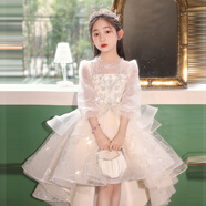 漢佺高端兒童晚禮服小眾輕奢花童生日派對公主裙主持人鋼琴比賽演出服 淺香檳【七分袖前短后長(cháng)】 140 適合體重60-65斤
