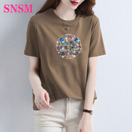 SNSM 設(shè)計師高端品牌短袖T恤女圓領(lǐng)2025夏季新款寬松休閑時尚百搭上衣 咖色【中國風(fēng)】 2XL