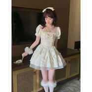 QVNL公主裙成人蓬蓬裙夏季蝴蝶結泡泡袖網(wǎng)紗日系ita系帶收腰木耳邊蓬 杏色 L