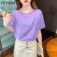 菲思蜜（Feisimi）輕奢品牌短袖t恤女衣服女裝休閑夏季新款2025夏裝服飾寬松上衣 8253紫色 2XL