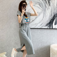 OYZ潮牌高級感假兩件連衣裙女夏收腰顯瘦中長(cháng)款氣質(zhì)洋氣減齡運動(dòng)休閑裙子 灰色 M