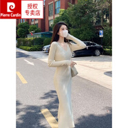 皮爾卡丹（pierre cardin）紫色v領(lǐng)針織連衣裙子女春秋法式收腰魚尾長裙修身打底包臀毛衣裙 杏色 M