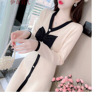 女裝新款連衣裙女2022秋冬新款法式V領(lǐng)蝴蝶結(jié)小香風連衣裙氣質(zhì)收腰顯瘦A字裙赫本風秋冬洛麗塔 杏色 M