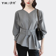 伊卉（YIHUI）格子襯衫女2024春新款長(cháng)袖v領(lǐng)時(shí)尚氣質(zhì)襯衣收腰顯瘦上衣洋氣小衫 灰色 M