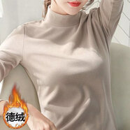 咪小主 德絨半高領(lǐng)打底衫女磨毛內(nèi)搭秋冬帶字母保暖t恤長袖上衣新款洋氣 駝色 M碼建議80-95斤