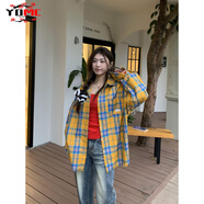 YOMC2025新款春秋美式復(fù)古格子襯衫外套女百搭休閑寬松慵懶風(fēng)情侶上衣 黃格 L 身高建議169-175