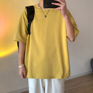 主意范（ZHUYIFAN）重磅夏季短袖男純色上衣服潮流t恤寬松潮牌學(xué)生打底大碼純棉半袖 黃色 S
