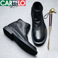 卡帝樂鱷魚（CARTELO）秋冬軟皮加絨靴子真皮男鞋頭層牛皮高幫切爾西馬丁靴男中幫側(cè)拉鏈 加絨款 42