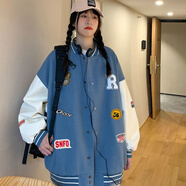 2秋冬加厚特大碼棒球服外套男女學(xué)生港風(fēng)bf鹽系情侶夾克機車(chē)300斤 藍色 2XL 建議150-200斤