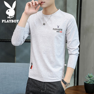 花花公子（PLAYBOY）長袖t恤男春秋新款百搭休閑寬松衛(wèi)衣男潮流時尚純色圓領上衣男裝 灰色 XL