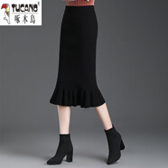 啄木鳥(niǎo)（TUCANO）秋冬新款女士羊毛針織半身裙高腰百搭魚(yú)尾一步裙中長(cháng)款直筒毛線(xiàn)裙 黑色【裙長(cháng)70CM】 XL (建議115-130斤