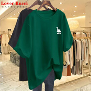 LOVER RUCCI粉色t恤女夏季短袖2025年歐貨大版純棉中長款寬松遮屁股上衣服ins LA墨綠色 L 建議135-160斤
