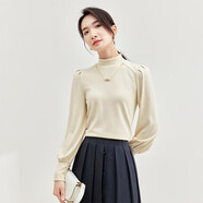 尚都比拉秋冬半高領燈籠袖針織衫女修身顯瘦打底衫內搭上衣 米杏色 M 