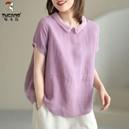 啄木鳥(niǎo)棉麻襯衫女短袖2025夏季新款女裝文藝休閑寬松娃娃領(lǐng)大碼亞麻上衣 紫色 2XL 建議135-150斤
