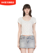 BM上衣短袖T恤女純棉開衫2025新款女夏季小碎花少女純欲風針織衫 白色藍碎花 均碼