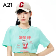 A21新款春秋季休閑百搭短袖女裝針織合體圓領(lǐng)短袖印花T恤衫上衣 薄荷綠 S