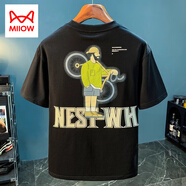 貓人（MiiOW）夏季男T恤寬松潮流薄款印花短袖體恤高級(jí)五分袖男衣服中國(guó)風(fēng) 8808黑色 2XL