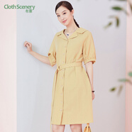 布景年夏季新品連衣裙女單排扣短袖系帶純色上衣女 緗色 L