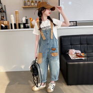 迪士尼（Disney）女童夏裝牛仔背帶褲套裝2024新款洋氣中大童夏季兒童裝時髦衣服 白色套裝 140cm 建議8-9歲