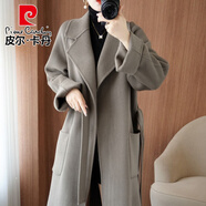 皮爾卡丹（pierre cardin）高檔羊毛雙面呢羊絨大衣女秋冬季長款廓形寬松大衣顯瘦毛呢外套 灰咖色【輕奢高端】 S 98-118斤