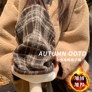 魯雅爾美式復(fù)古毛呢格子休閑褲女春秋季高腰顯瘦垂感拖地加絨加厚闊腿褲 咖色【加絨】 L