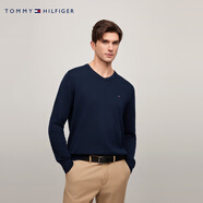TOMMY HILFIGER【純色V領(lǐng)】秋冬季男裝純棉商務(wù)休閑簡約內(nèi)搭打底衫針織衫毛衣 【小V領(lǐng)繡標毛衣】-深藍色475 2XL （推薦：180-200斤）