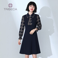 翠貝卡商場(chǎng)同款秋女長(cháng)袖修身顯瘦拼接連衣裙 藏蘭 M