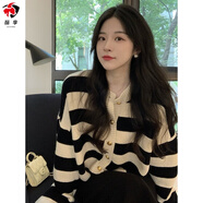 酥享軟糯撞色條紋圓領(lǐng)小香風(fēng)針織開(kāi)衫女春秋法式寬松短款外搭毛衣外套 黑色 M