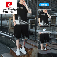 皮爾卡丹（pierre cardin）短袖T恤男士休閑套裝夏季潮牌冰絲半截袖t體恤短褲寬松衣服男套裝 21019+2099黑色套裝 XL