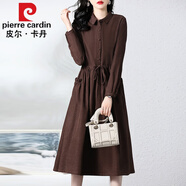 皮爾卡丹（pierre cardin）長(zhǎng)袖襯衫連衣裙女2023春秋新款氣質(zhì)收腰顯瘦有女人味的中長(zhǎng)款裙子 深咖 XL 建議120-130斤