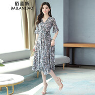 佰藍(lán)嬌2025夏季女裝新款時(shí)尚洋氣質(zhì)高級(jí)感碎花連衣裙小個(gè)子雪紡裙子夏天 藍(lán)色花 L （推薦101-115斤）