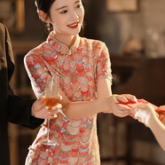 2023春夏新款高端新娘敬酒服年輕修身氣質訂婚中式改良年輕款旗袍 粉紅色 M 95斤-104斤