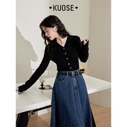 闊色（kuose）多巴胺v領針織衫連帽衫女秋季新款長袖衛(wèi)衣修身顯瘦上衣 黑色 L