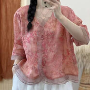 HGAI棉麻女裝 亞麻高檔上衣苧麻女品牌夏季新款文藝復古襯衫歐根紗拼 水粉色 L【建議100-110斤】