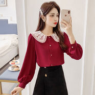 焱思泰年新款春季鏤空蕾絲韓版娃娃領(lǐng)襯衫設計感女 紅色 S