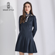 名師路太空棉不規則連衣裙冬季歐美純色圓領(lǐng)氣質(zhì)連衣裙中腰a字裙 藏青色58 M