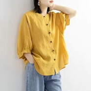 檸清研短袖棉麻t恤女寬松復古韓版文藝薄款上衣2023夏季新款中袖燈籠袖 黃色紐扣 XL建議【109-120斤】