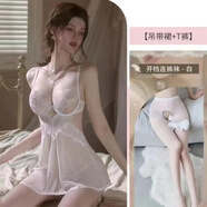 情趣內衣女免脫火辣睡衣蕾絲網(wǎng)紗睡裙連體包臀短裙黑絲純欲風(fēng)戰袍 白色+白開(kāi)檔襪 大碼【建議125-160斤】