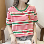 紅粉宣言（HOFESOWEN）卡通刺繡條紋短袖T恤女2024夏季新款韓版設計感百搭顯瘦上衣 粉紅色 M