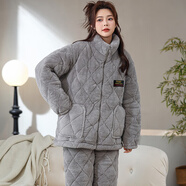 特絲格斯（TSGS）睡衣女冬季加厚套裝珊瑚絨三層夾棉衣加絨加大碼法蘭絨保暖家居服 灰色 XL 身高165內體重105-125斤內