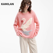 卡米蘭（kamilan）[馬海毛]別致設(shè)計(jì)感馬海毛毛衣女2024秋季新款燙鉆個(gè)性針織衫上衣 粉色 L