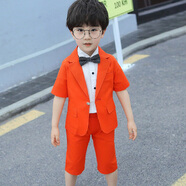 小熊精靈（xiaoxiongjingling）童裝男童小西裝兒童禮服夏季主持人短袖花童西服套裝外套正裝鋼琴 橘紅4件套(外套+褲子+襯衫+領(lǐng)結(jié)) 130碼(建議高120左右)