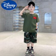 迪士尼（Disney）兒童短袖迷彩服T恤套裝夏季速干體能服男女童夏令營(yíng)軍訓(xùn)t恤半袖裝 純色迷彩 100