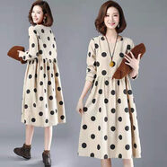 索宛亦（SUOWANYI）2021新款秋裝女波點(diǎn)長(zhǎng)袖連衣裙韓版寬松大媽休閑V領(lǐng)中長(zhǎng)款A(yù)字裙 0.7 卡其色 M 建議95斤內(nèi)